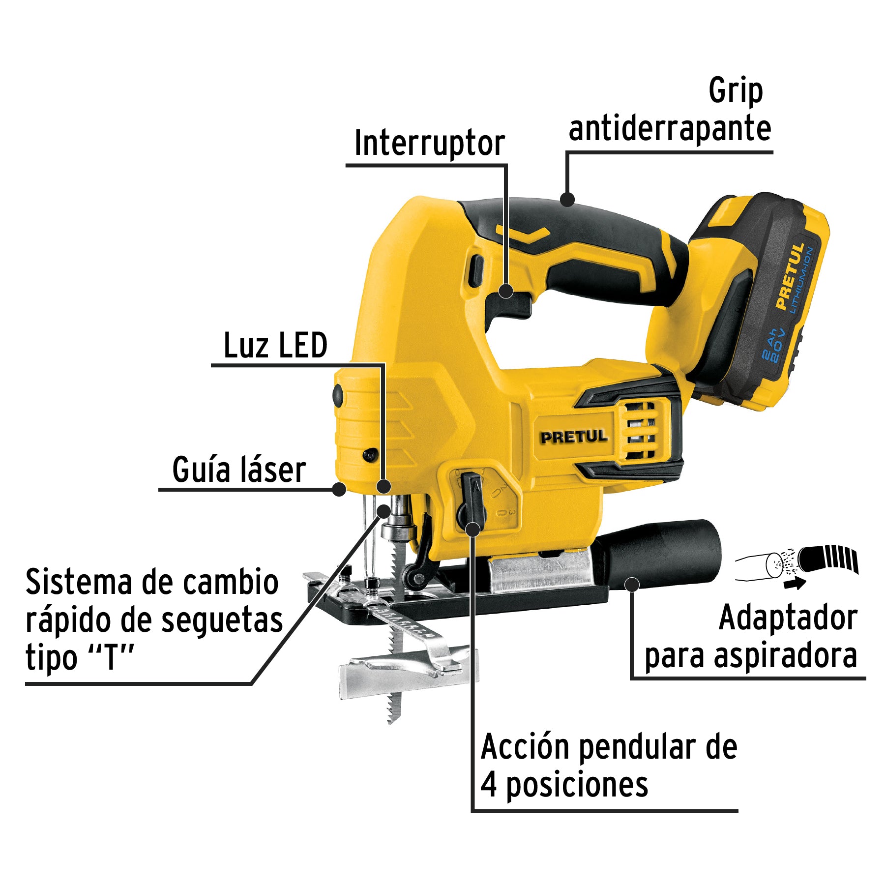 Sierra caladora, 20V, 1 batería 2Ah, PRETUL