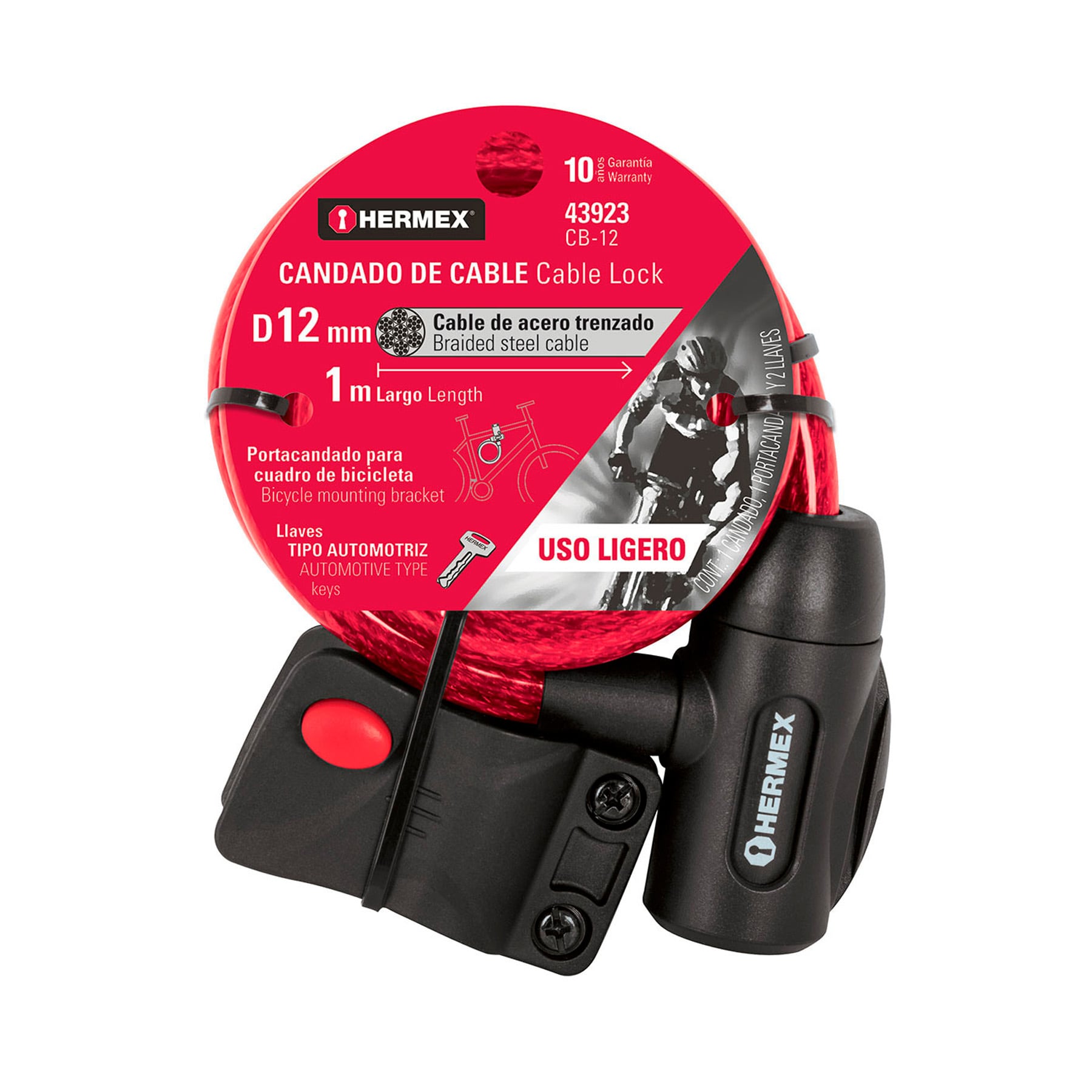 Hermex CB-12 Candado de cable con llave, 12 mm X 1.0 m
