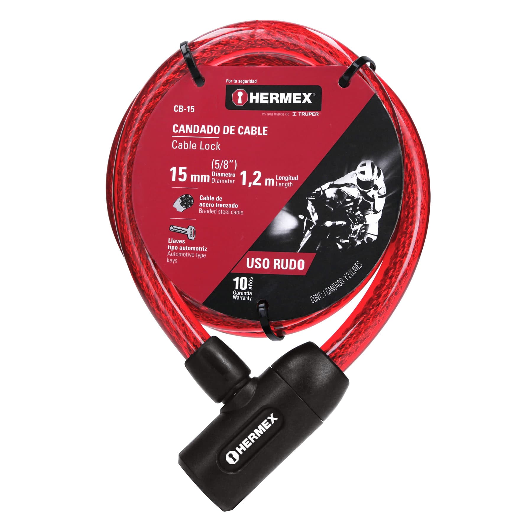 Hermex CB-15 Candado de cable con llave, 15mm X 1.20 m