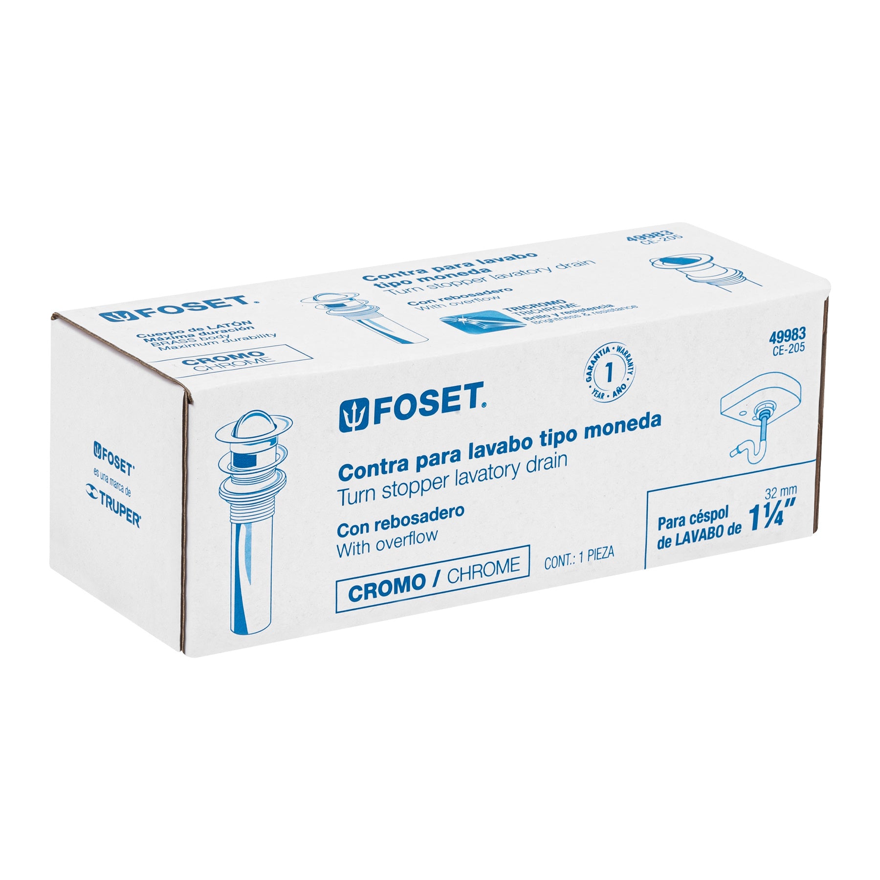 Foset CE-205 Contra p/lavabo con rebosadero, tipo moneda, cromo, 1-1/4'