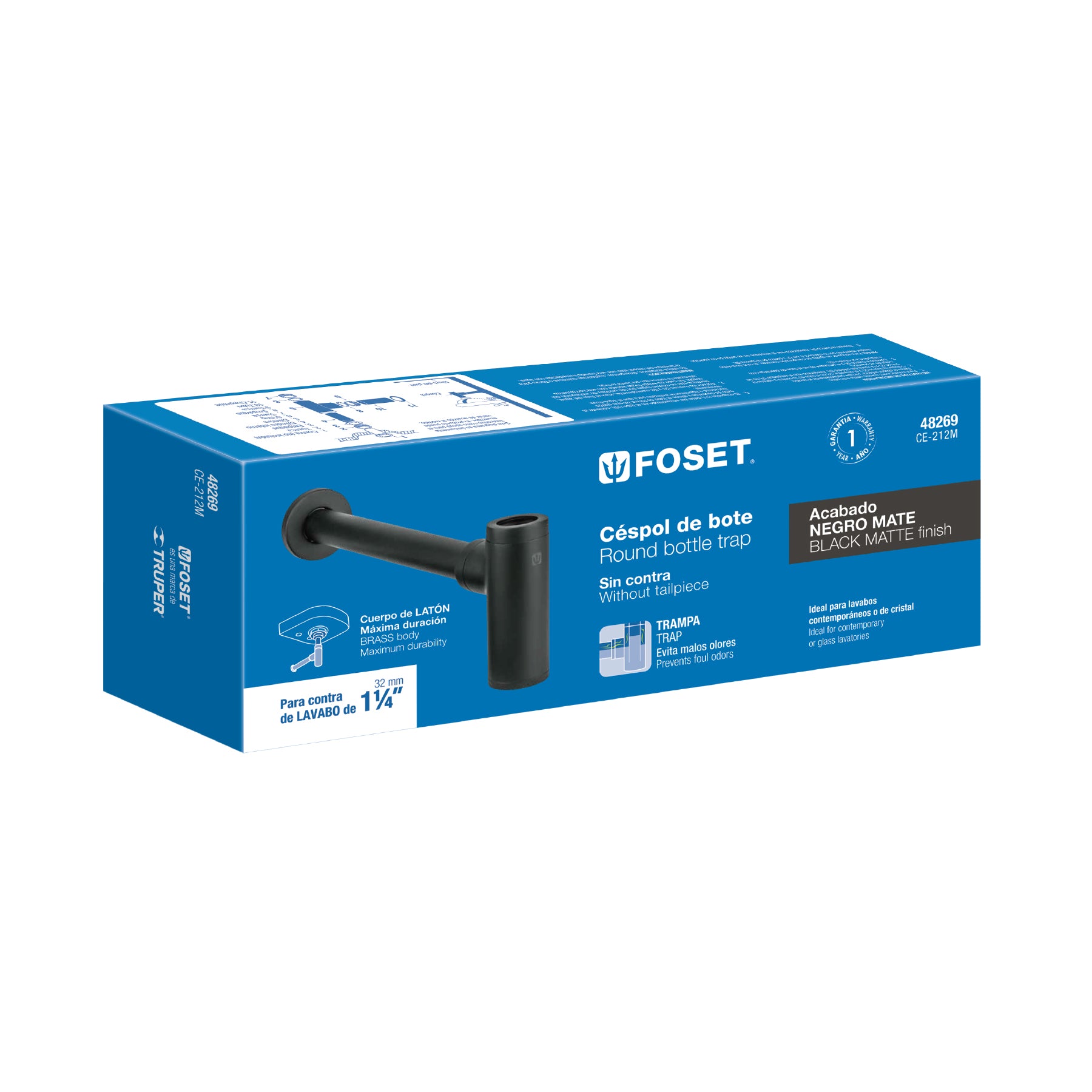 48269 Céspol de bote minimalista 1 1/4', negro, para lavabo, Foset