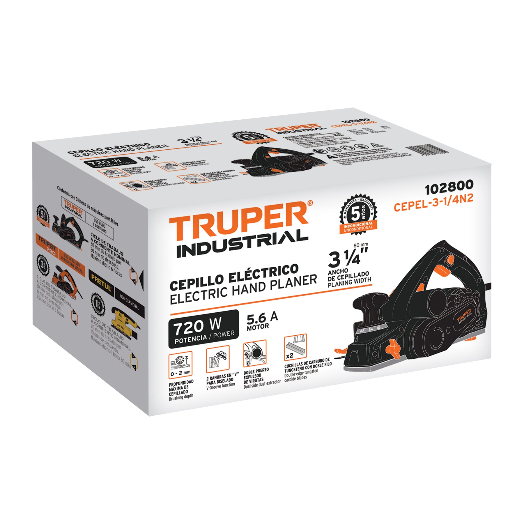 Truper CEPEL-3-1/4N2 Cepillo eléctrico 3-1/4' 720 W, industrial