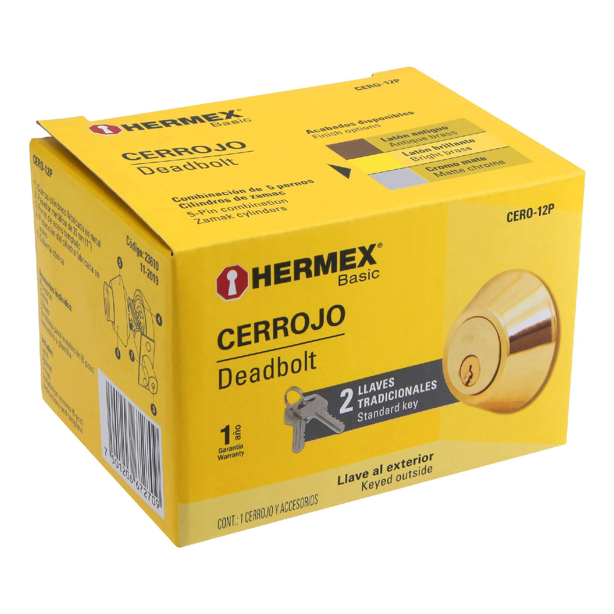 Hermex CERO-12P Cerrojo latón brillante, llave-llave, Hermex Basic ...