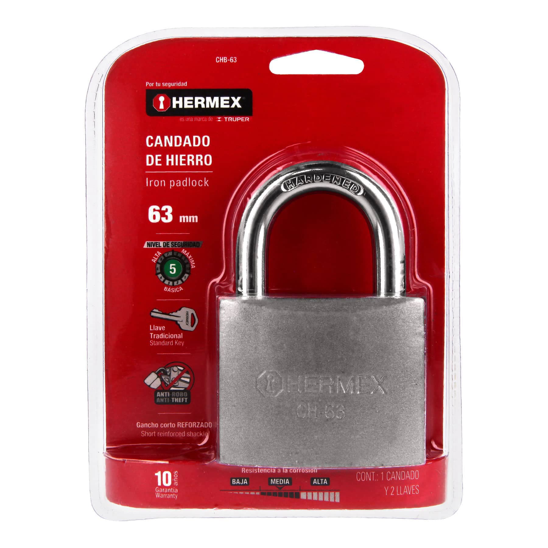 Hermex CHB-63 Candado de hierro, 63mm, gancho corto, blister
