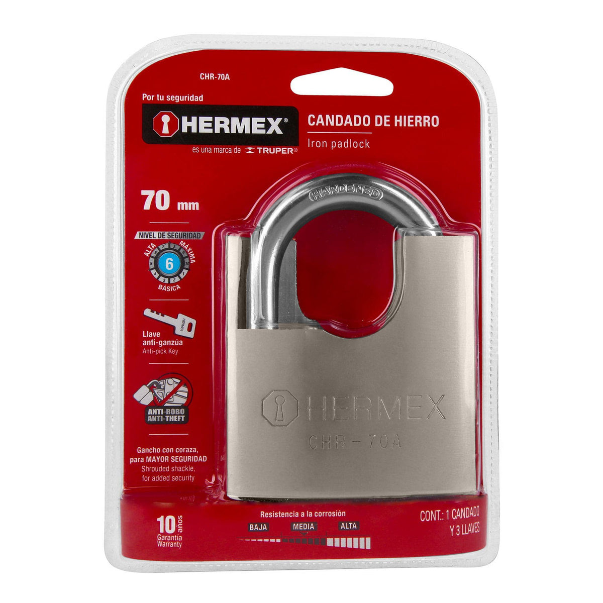 Hermex CHR-70A Candado de hierro 70 mm con coraza, llave anti-ganzúa ...