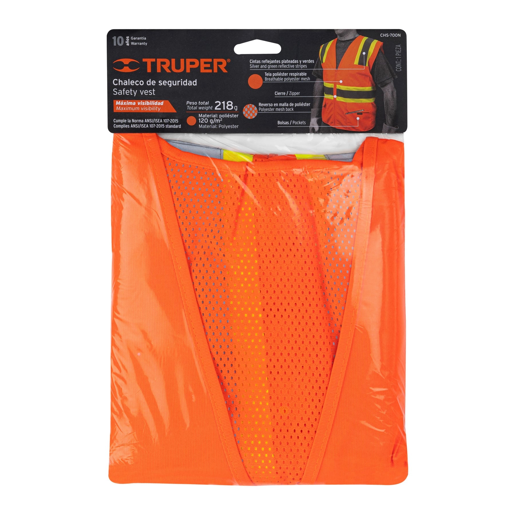 Truper CHS-700N Chaleco de seguridad, maxima visibilidad, con bolsas,naranja