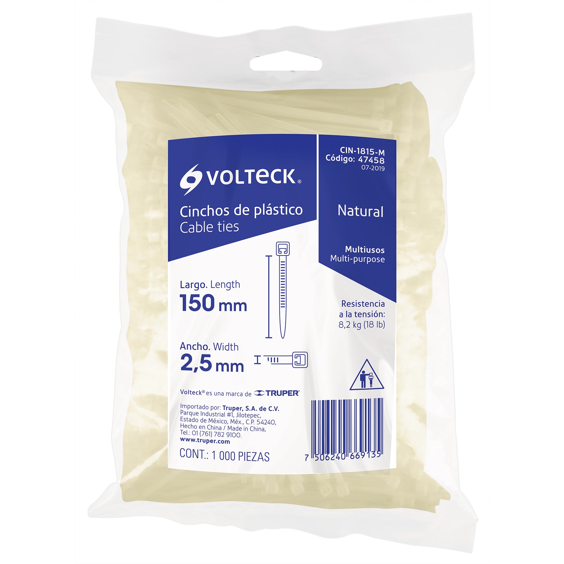Volteck CIN-1815-M Cincho plástico, 18 lb, 150 x 2.5 mm, natural, 1000 pzas