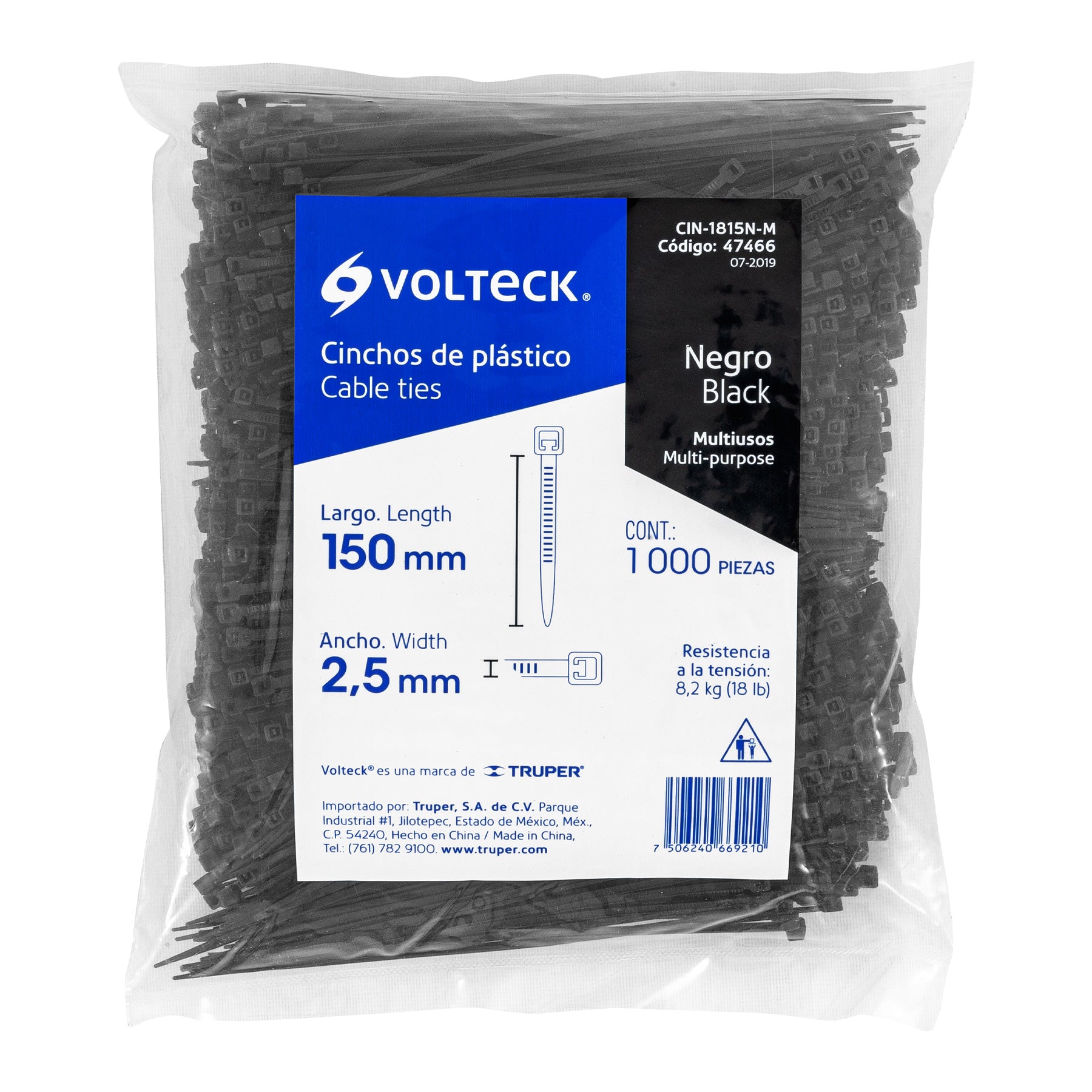 Volteck CIN-1815N-M Bolsa con 1000 cinchos plásticos 18 lb, 150x2.5 mm, negros