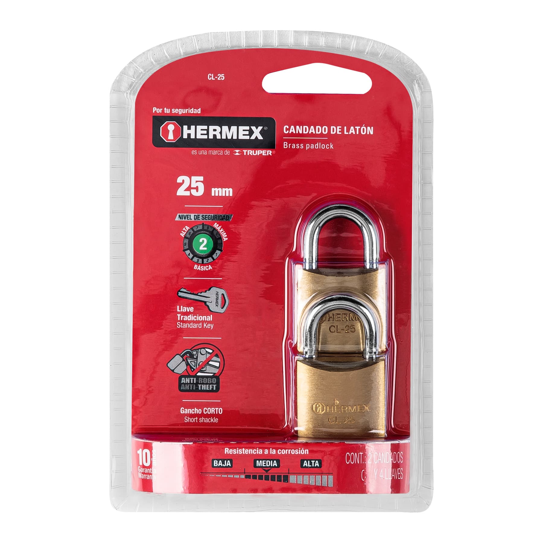 Hermex CL-25 Blíster con 2 candados de latón de 25mm con gancho corto