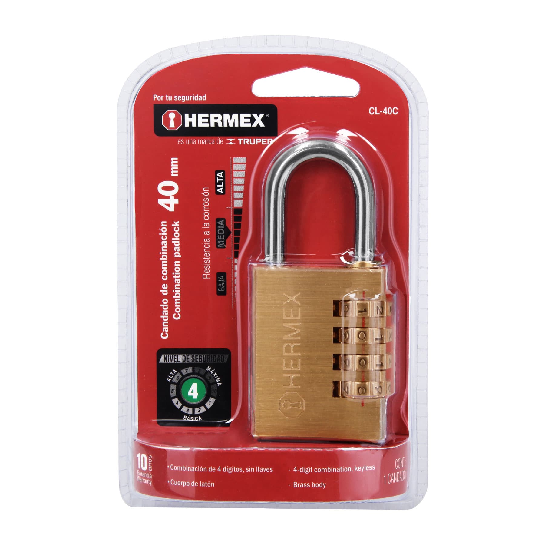Hermex CL-40C Candado de latón, 40mm de combinación, blister