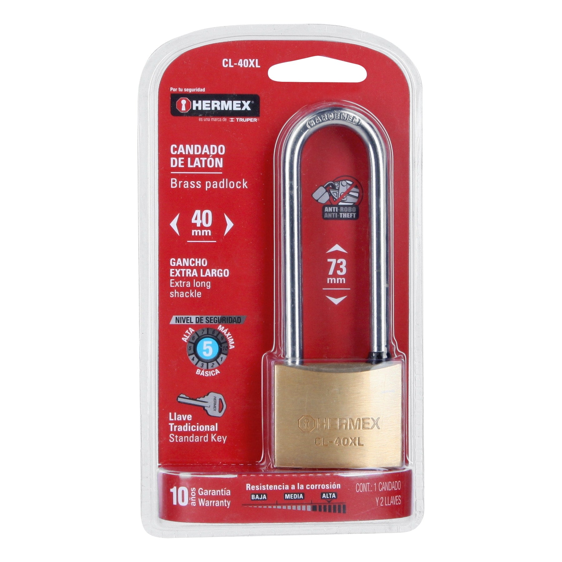 Hermex CL-40XL Candado de latón 40 mm gancho extra largo en blíster