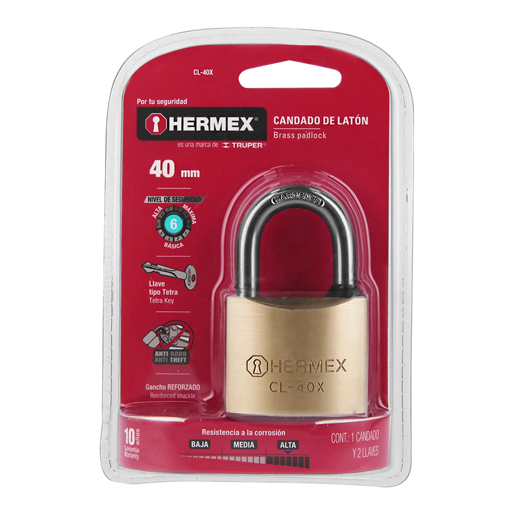 Hermex CL-40X Candado de latón, 40mm, gancho corto, llave tetra, blister