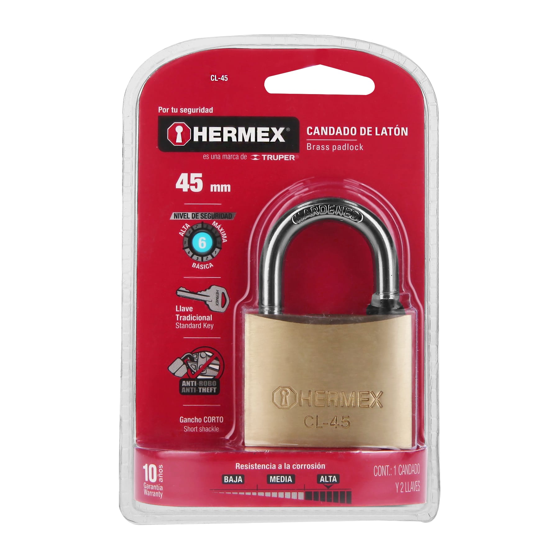 Hermex CL-45 Candado de latón 45 mm gancho corto en blíster, Hermex