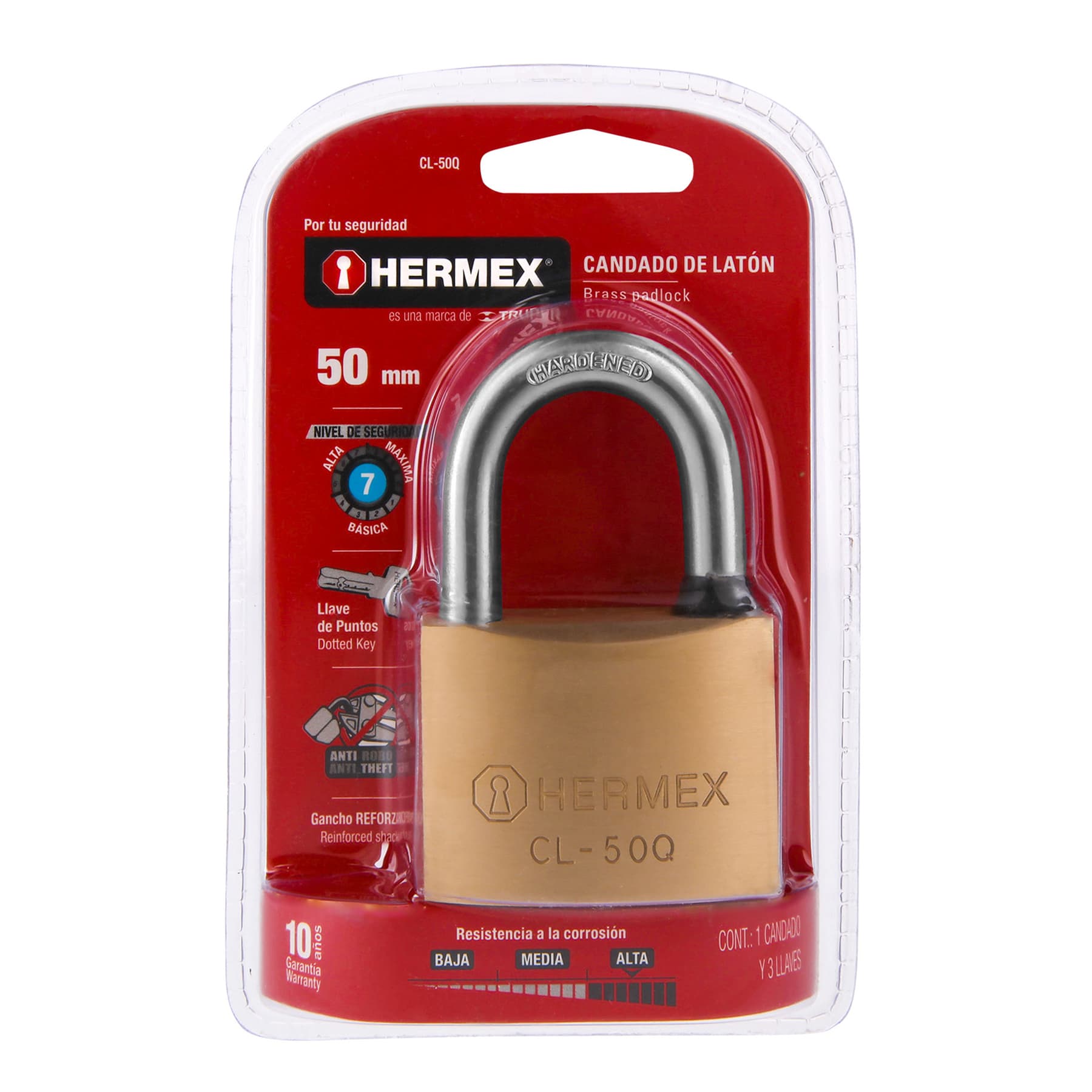 Hermex CL-50Q Candado de latón, 50mm, gancho corto, llave de puntos, blíster
