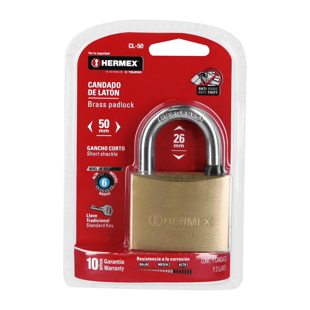 Hermex CL-50 Candado de latón, 50mm, gancho corto, blister – Ferrenacional