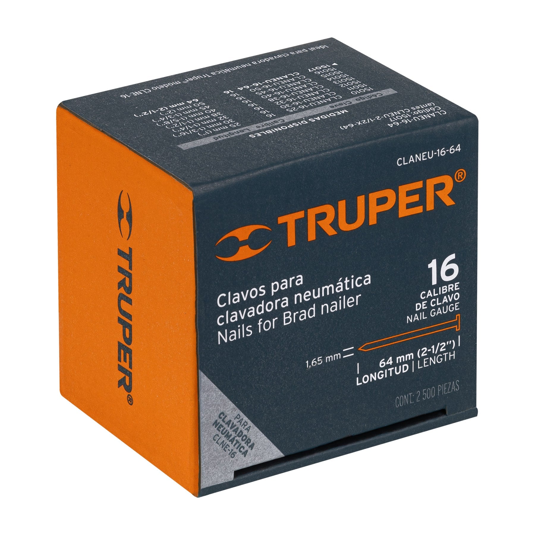 Truper CLANEU-16-64 Caja con 2500 clavos calibre 16, 64 mm para CLNE-16