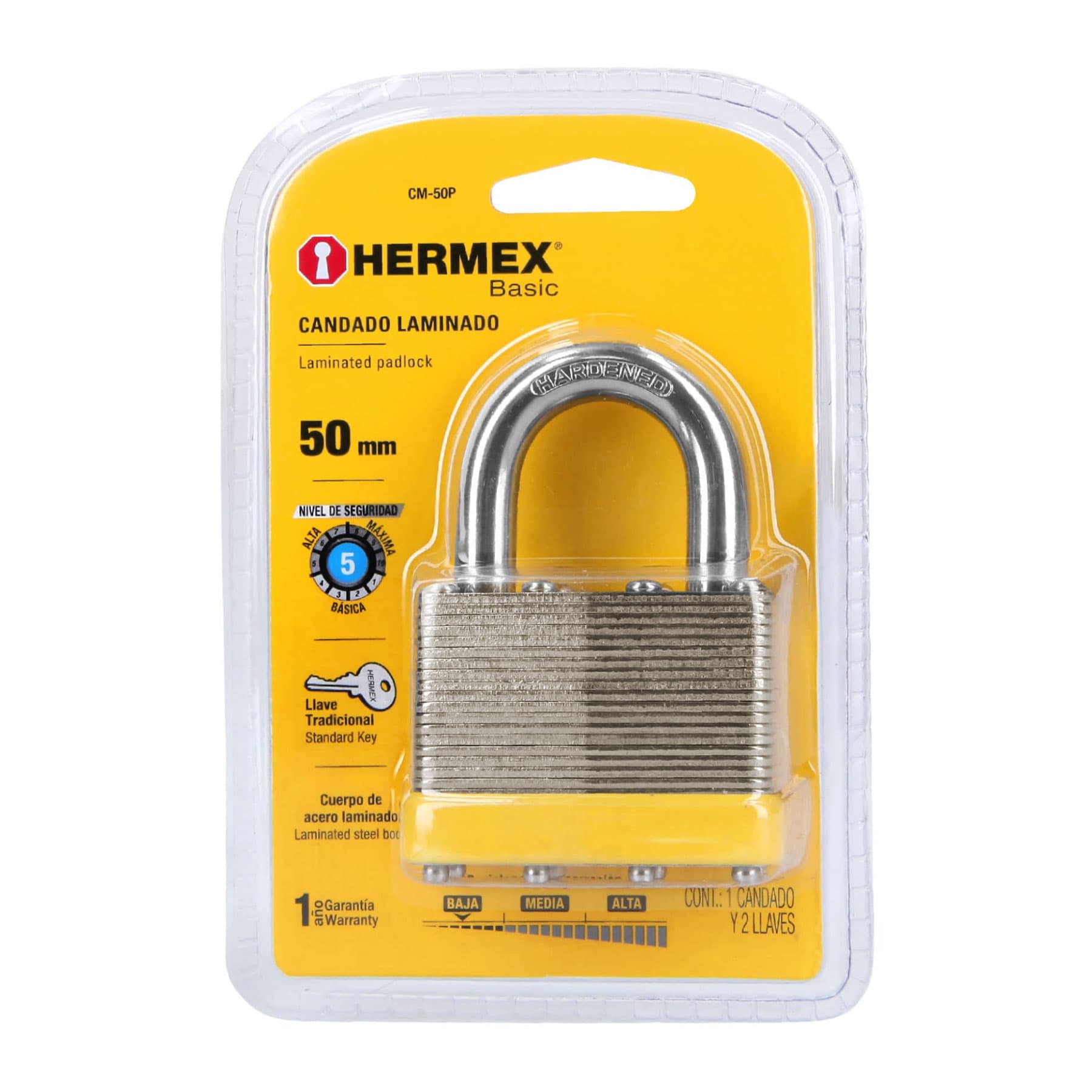 Hermex CM-50P Candado laminado, 50mm, gancho corto, blister, Hermex Basic