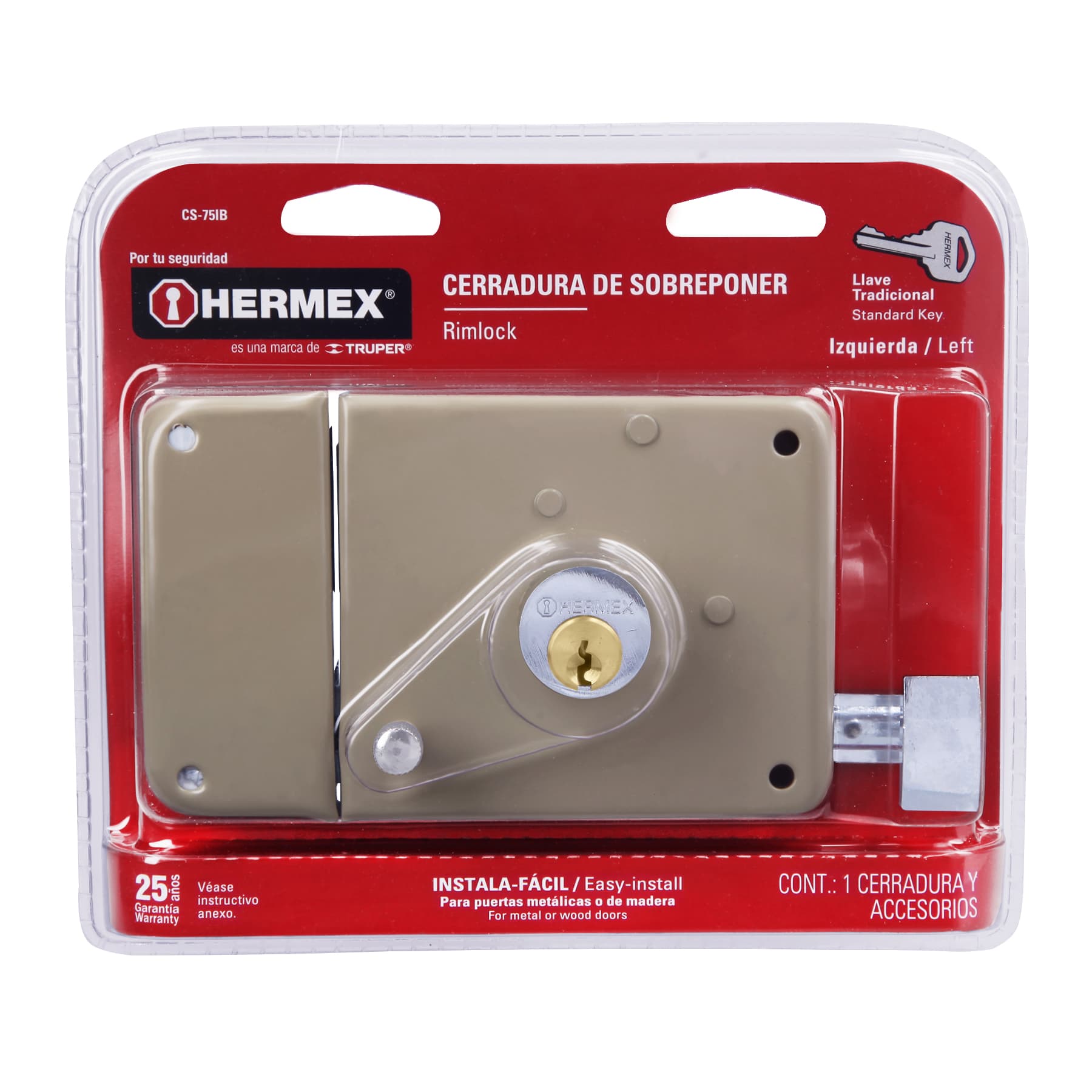 Hermex CS-75IB Cerradura de sobreponer, clásica, instala-fácil, izq,blister