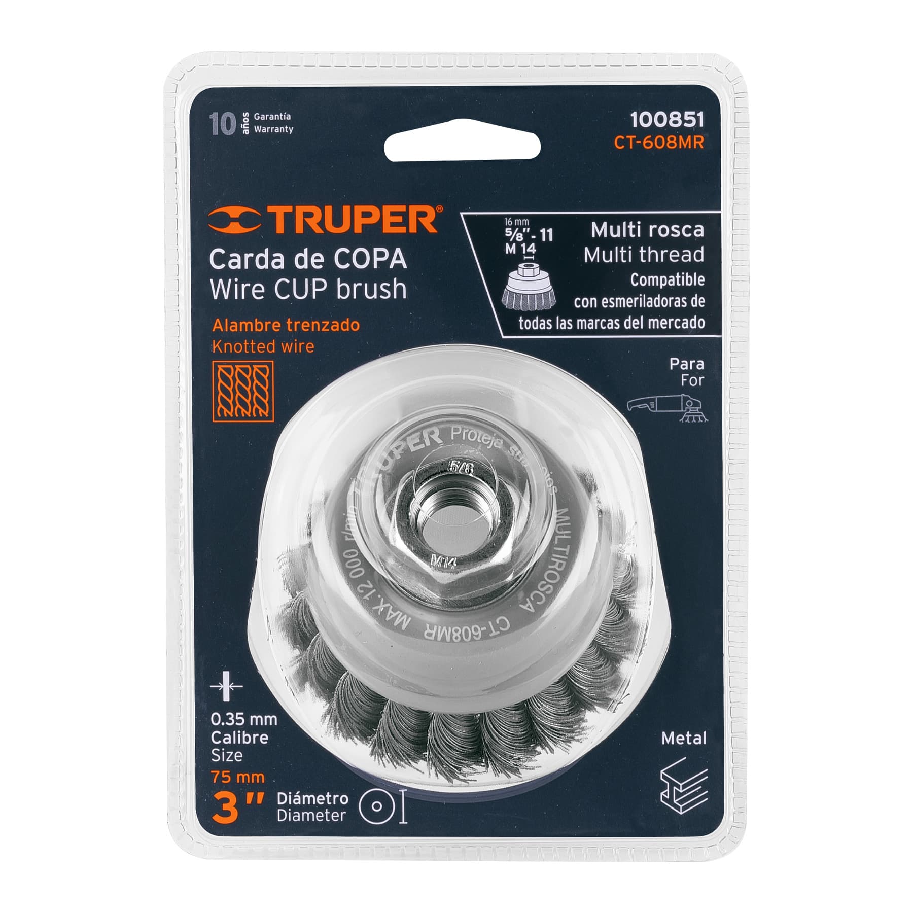 Truper CT-608MR Carda copa 3' alambre trenzado fino, Multi-rosca