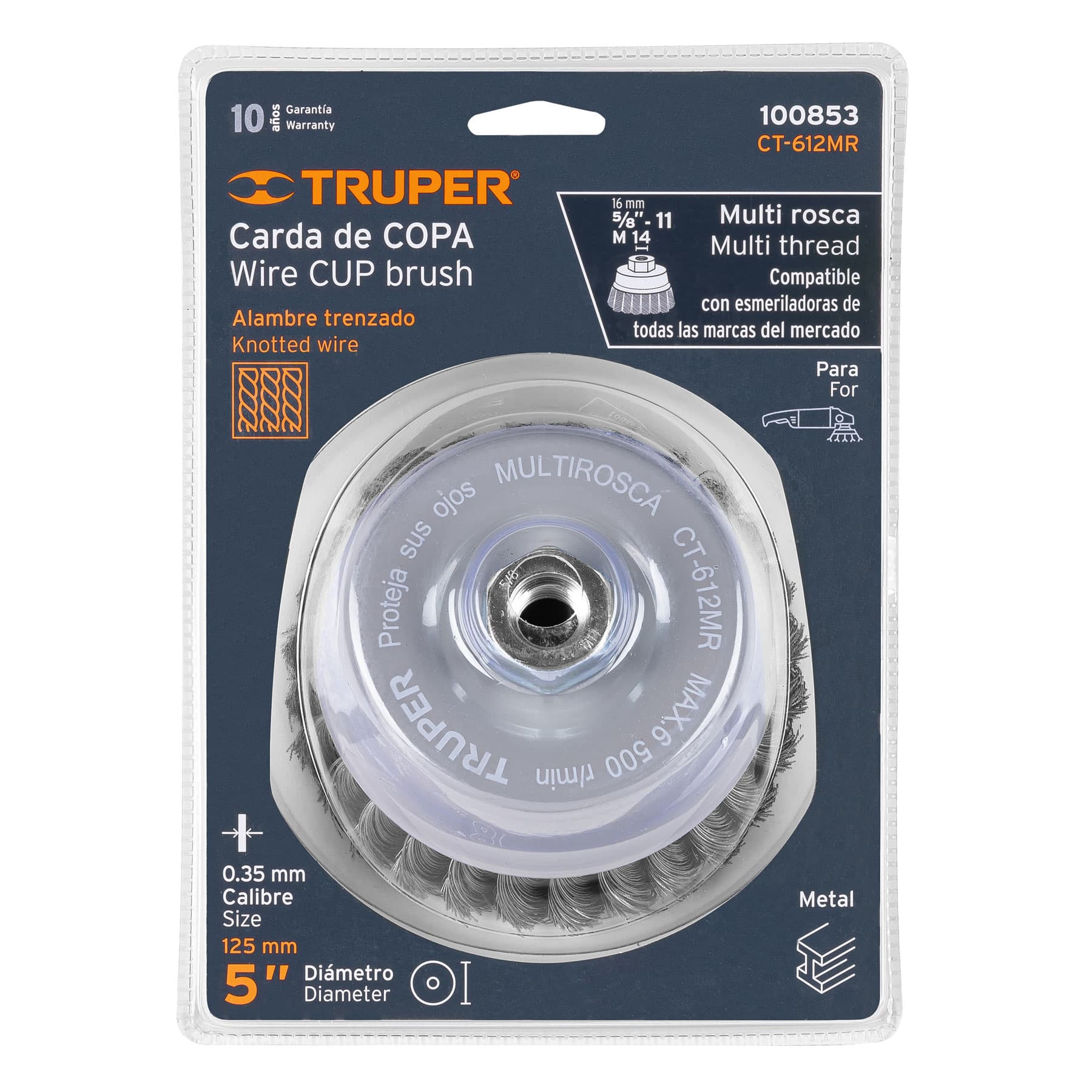 Truper CT-612MR Carda copa 5' alambre trenzado fino, Multi-rosca, Truper