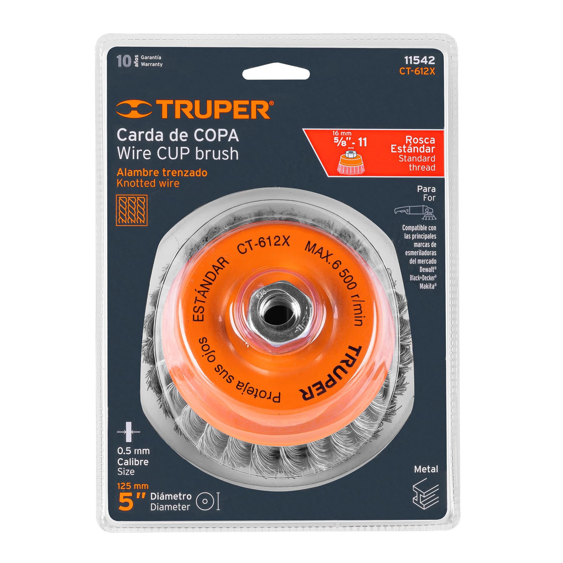 Truper CT-612X Carda de copa, alambre trenzado grueso, 5' para esmeril