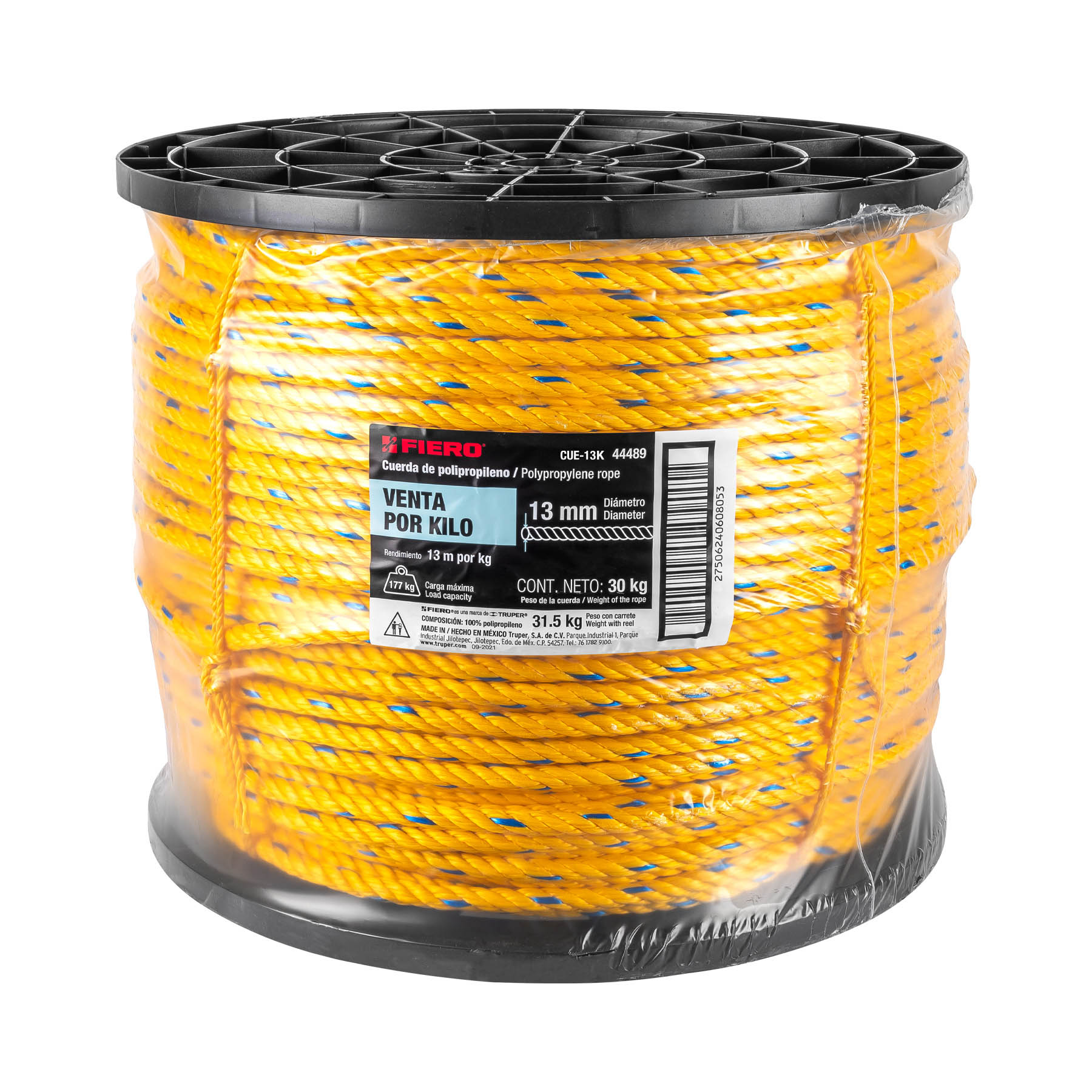 Fiero CUE-13K Kilo de cuerda amarilla de polipropileno 13 mm, rollo 30 kg
