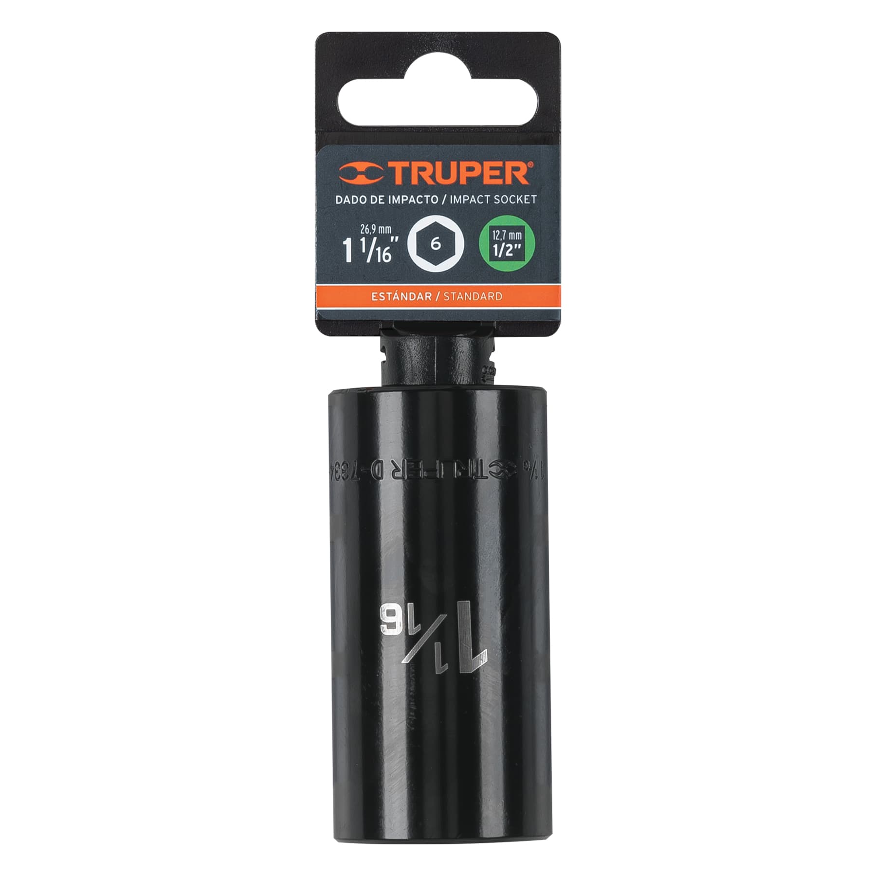Truper D-7334-HL Dado largo impacto de 1-1/16', 6 puntas, cuadro 1/2'
