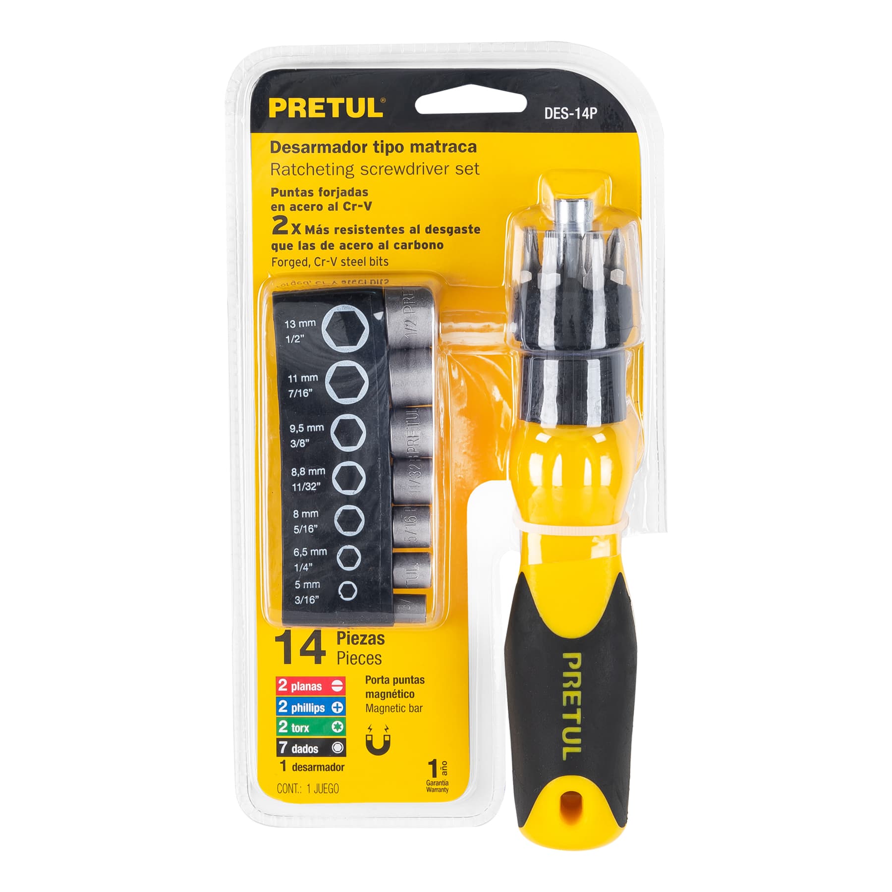 Pretul DES-14P Desarmador tipo matraca y 13 puntas, Pretul