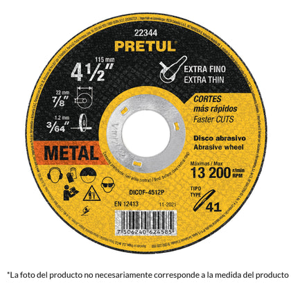 Pretul DICOF-4510P Disco Tipo 41 para corte fino de metal 4-1/2', 1.0 mm Pretul
