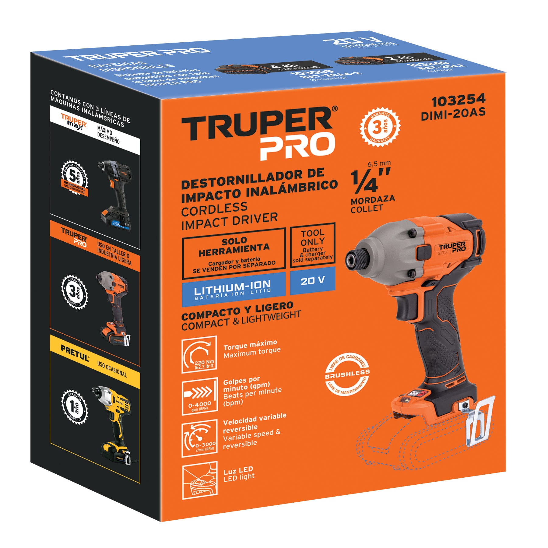 Destornillador de impacto 1/4', 20V, sin accesorios, PRO