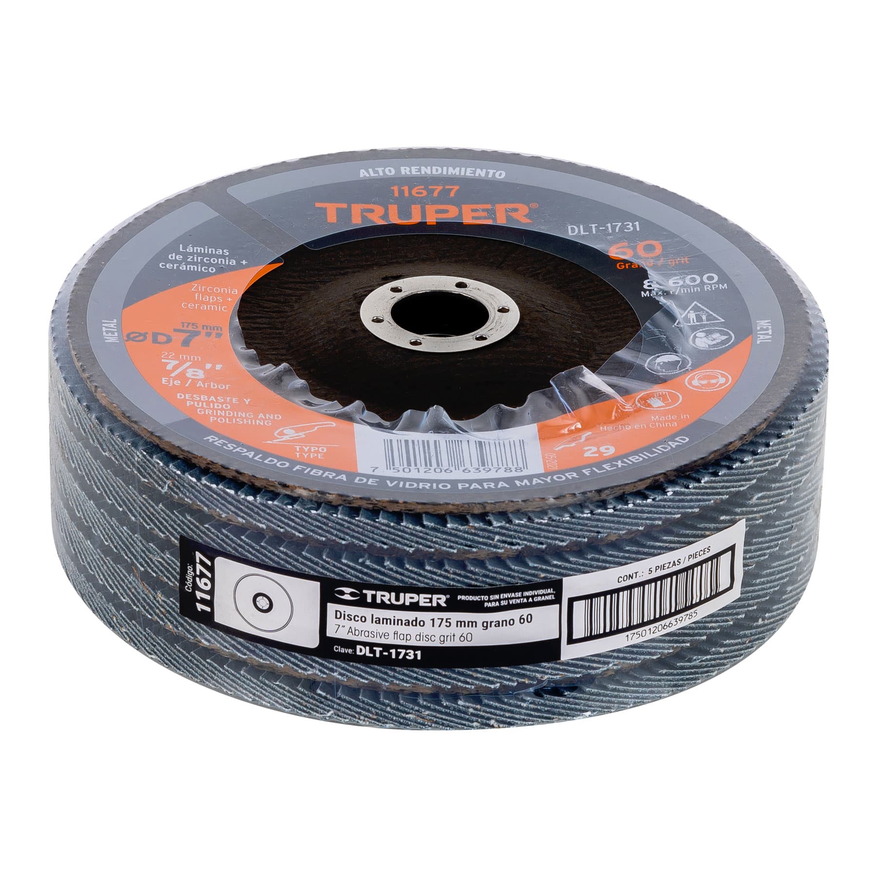 Truper DLT-1731 Disco 7' laminado grano 60 centro 7/8'