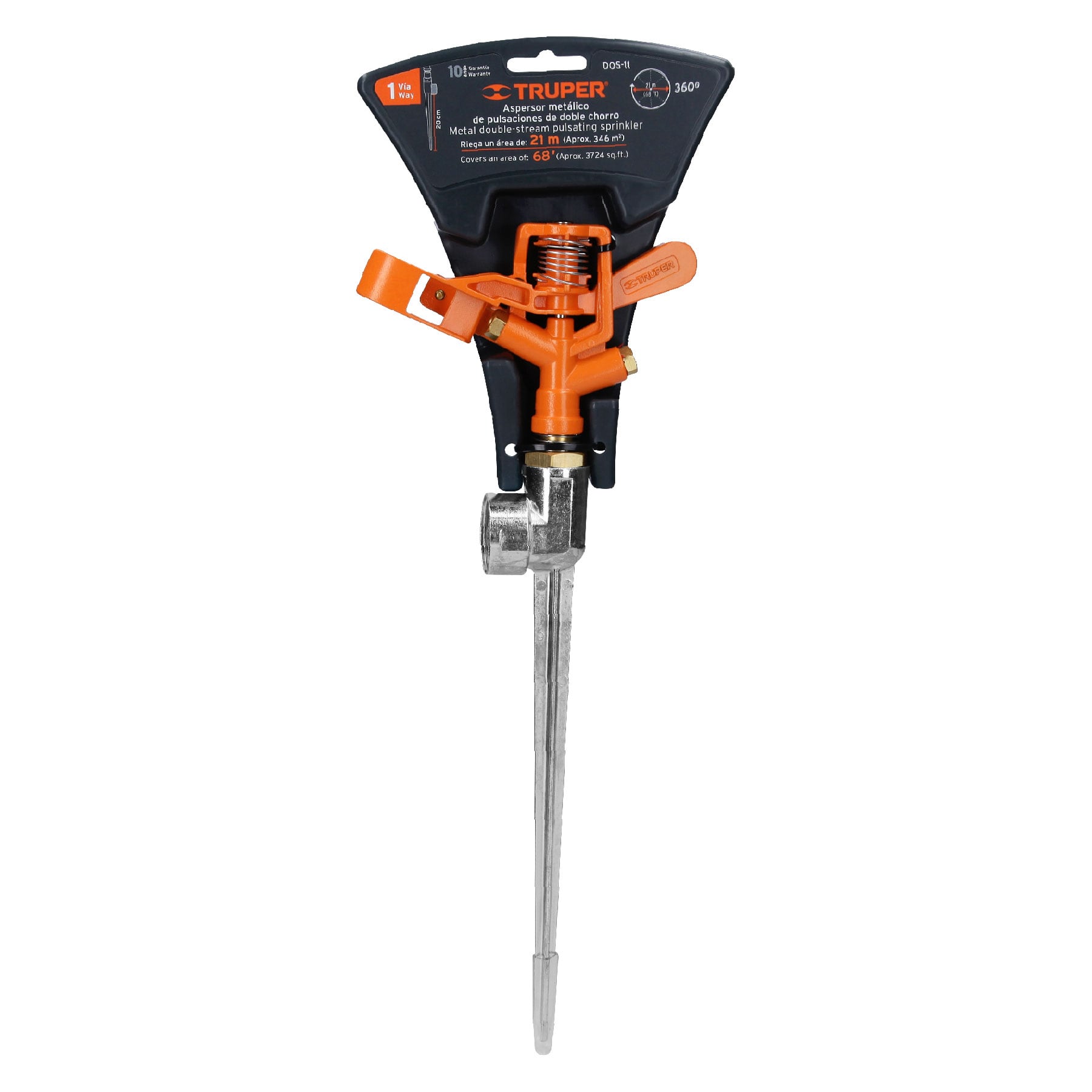 Truper DOS-11 Aspersor metálico doble chorro, una vía, estaca de 11'