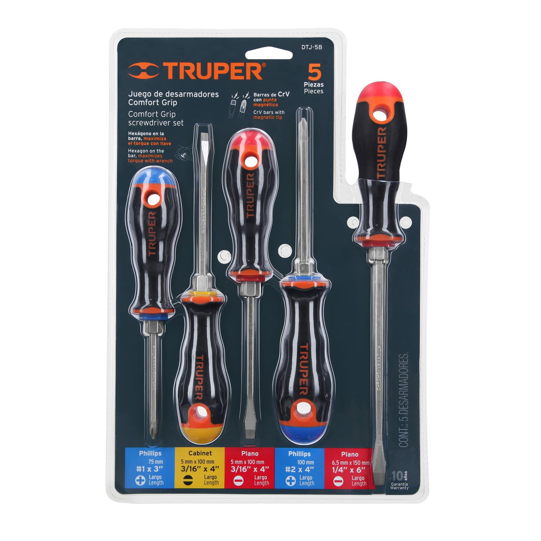 Truper DTJ-5B Juego de 5 desarmadores, mangos Comfort Grip