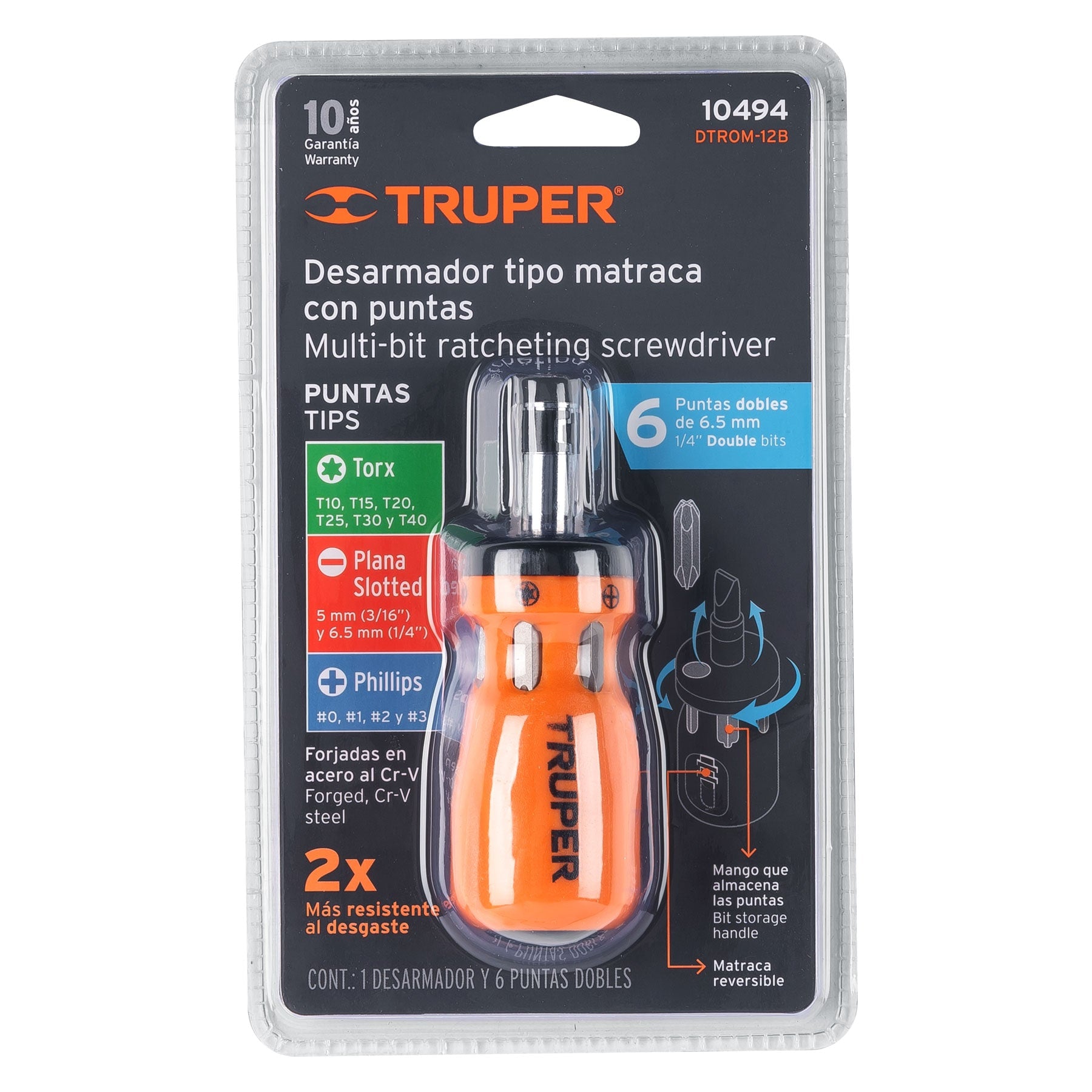 Truper DTROM-12B Desarmador tipo trompo con matraca, 6 puntas dobles, blister