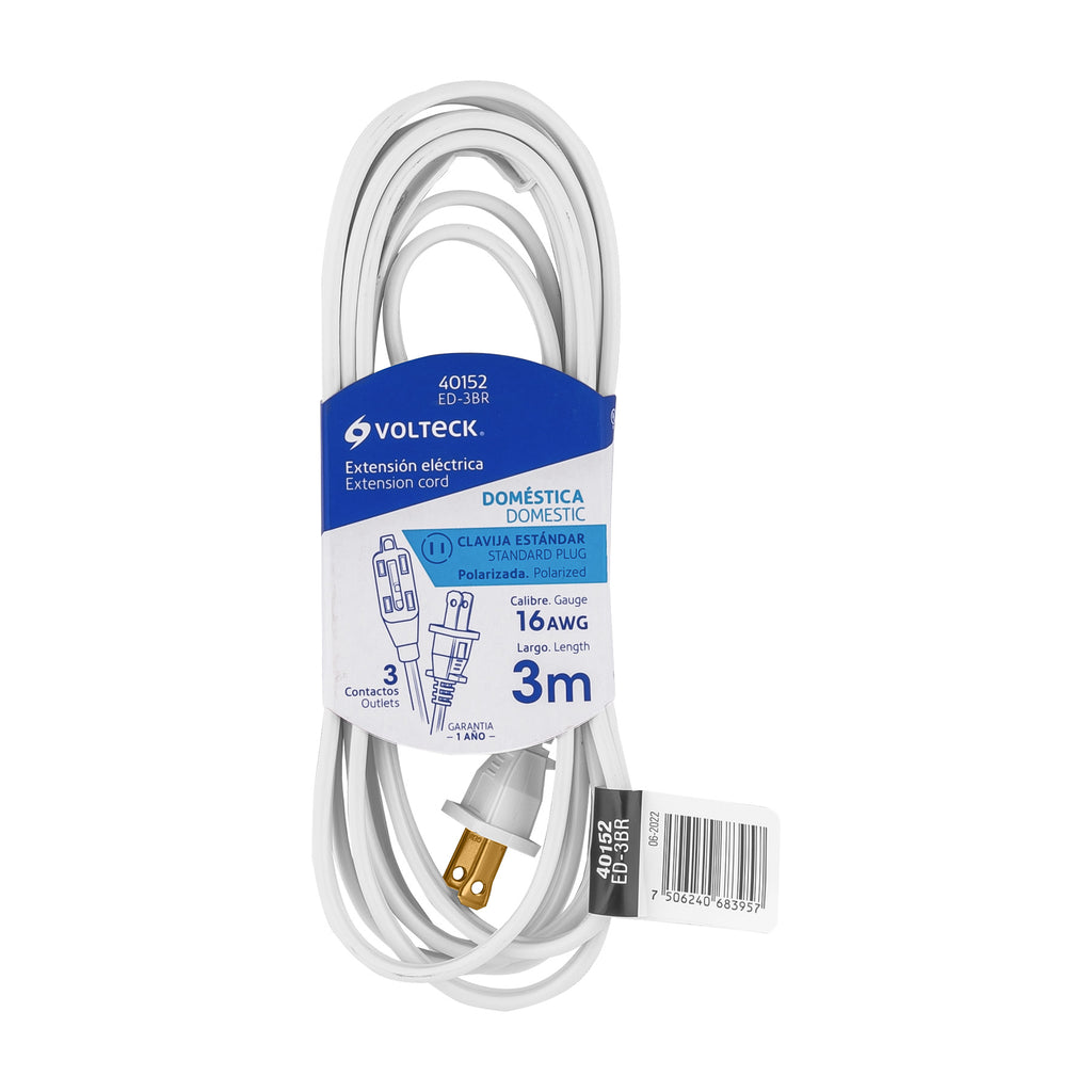 Volteck ED-3BR Extensión eléctrica doméstica 3 m blanca con clavija recta