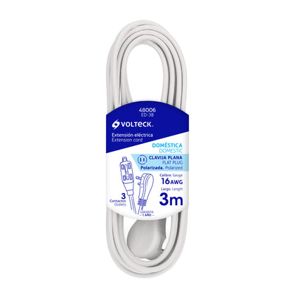 Volteck ED-3B Extensión eléctrica doméstica 3 m blanca con clavija plana