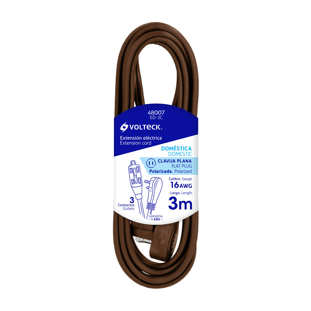 Volteck ED-3C Extensión eléctrica doméstica 3 m café con clavija plana