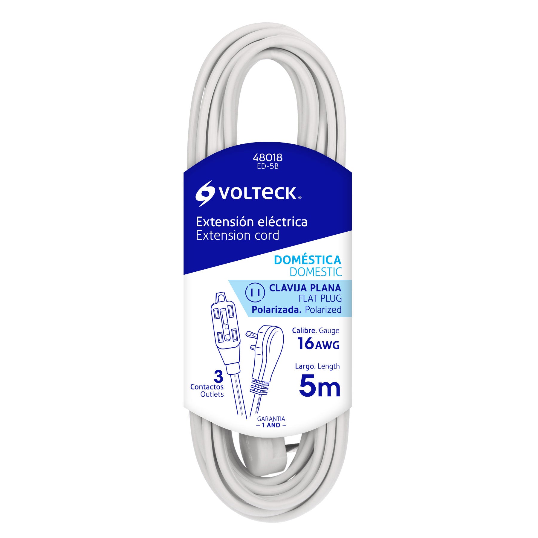 Volteck ED-5B Extensión eléctrica doméstica 5 m blanca con clavija plana