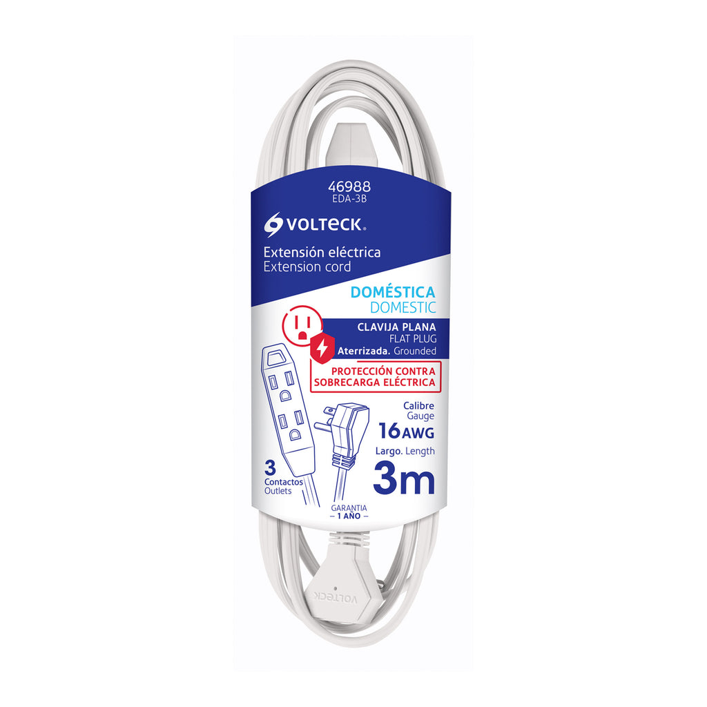 Volteck EDA-3B Extensión doméstica aterrizada 3 m blanca con clavija plana