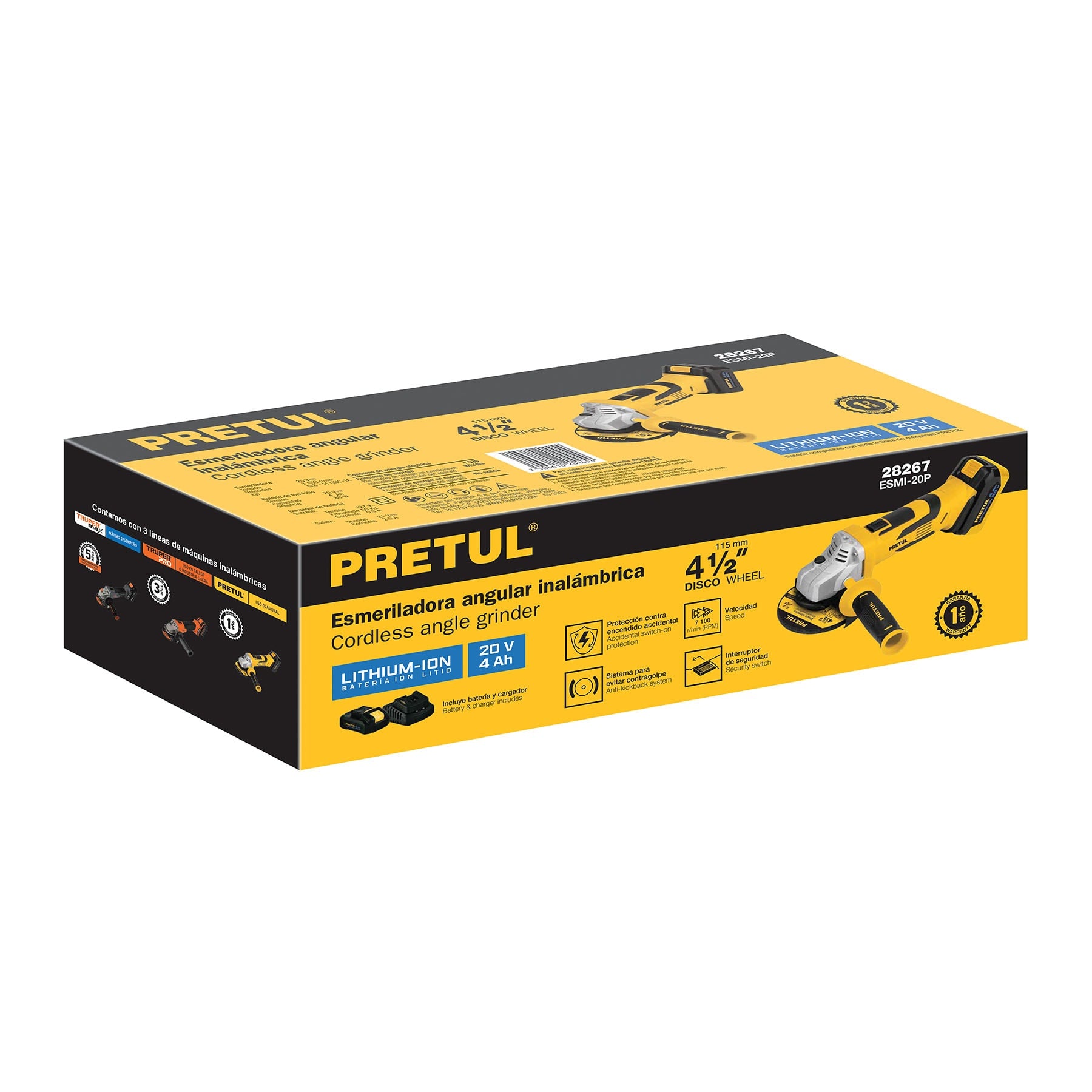 ESMI-20P Esmeriladora angular inalámbrica 4-1/2', 20 V, Pretul