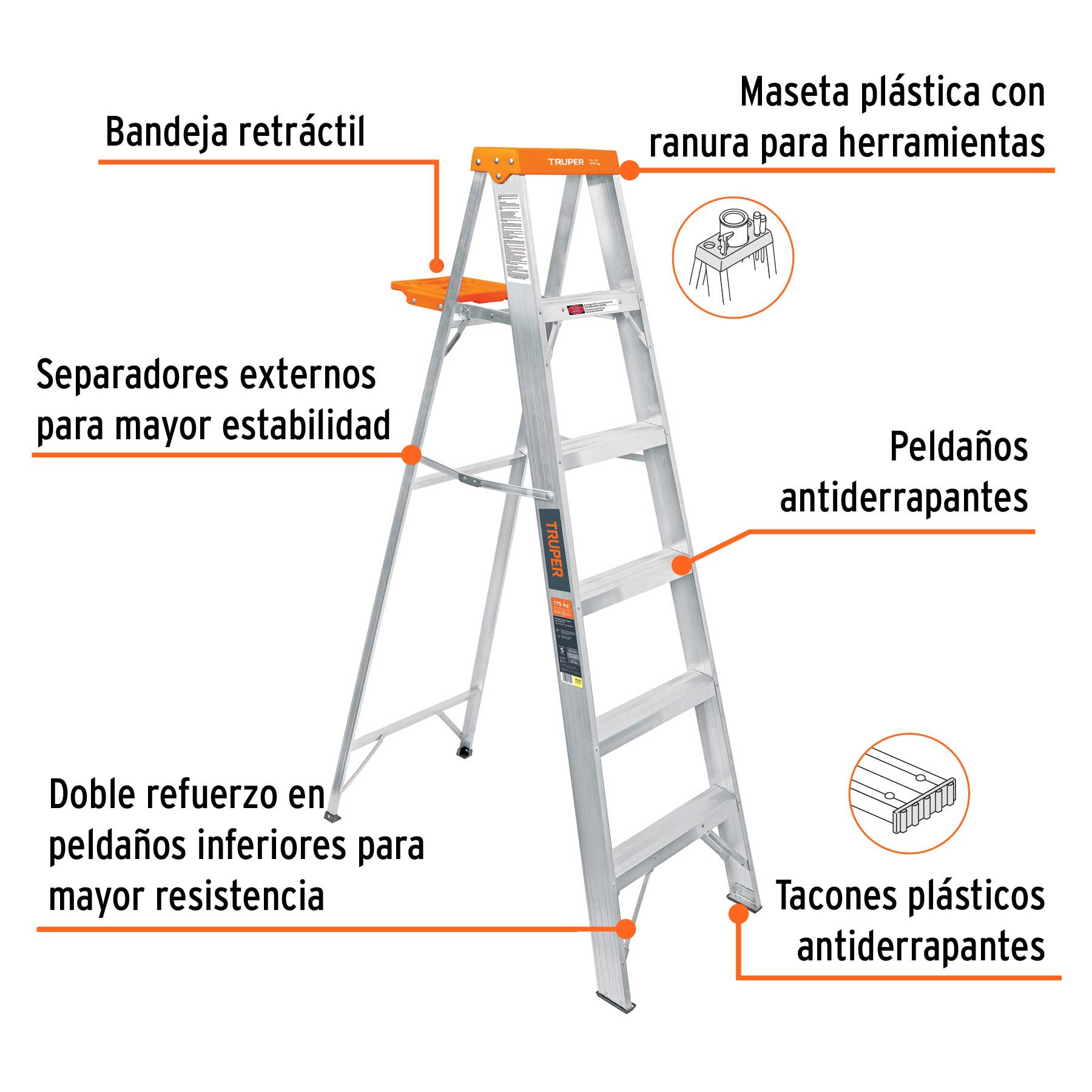 Truper EST-25 Escalera de tijera tipo II 5 escalones con bandeja | Ferrenacional