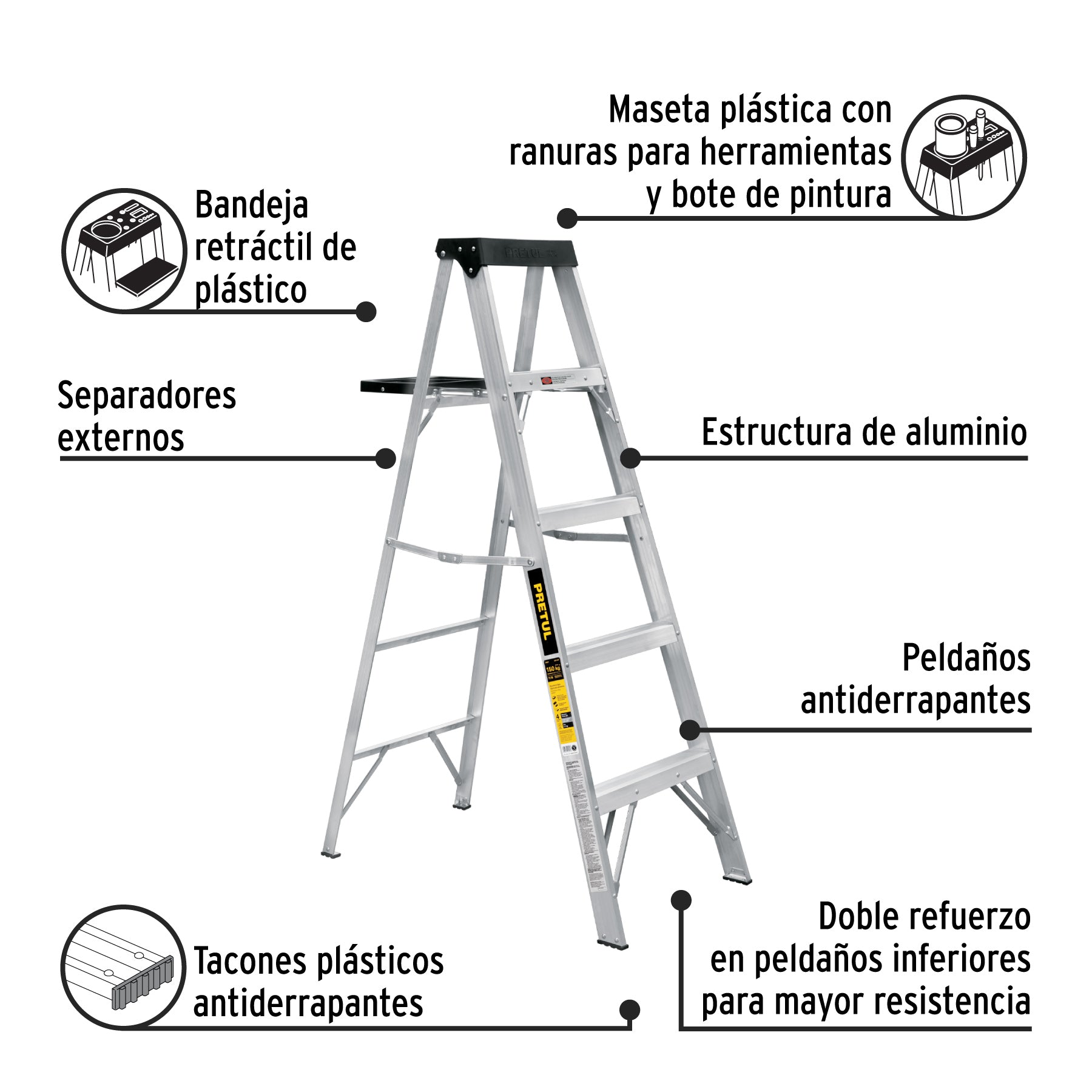 Escalera de Tijera de Aluminio 4 Peldaños con Bandeja - Pretul EST-34P