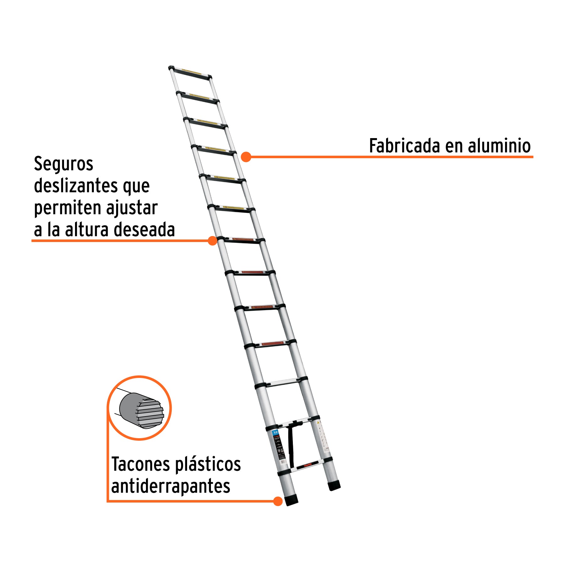 Escalera telescópica,13 peldaños, tipo II, capacidad 102kg Truper ESTE-213 | Ferrenacional