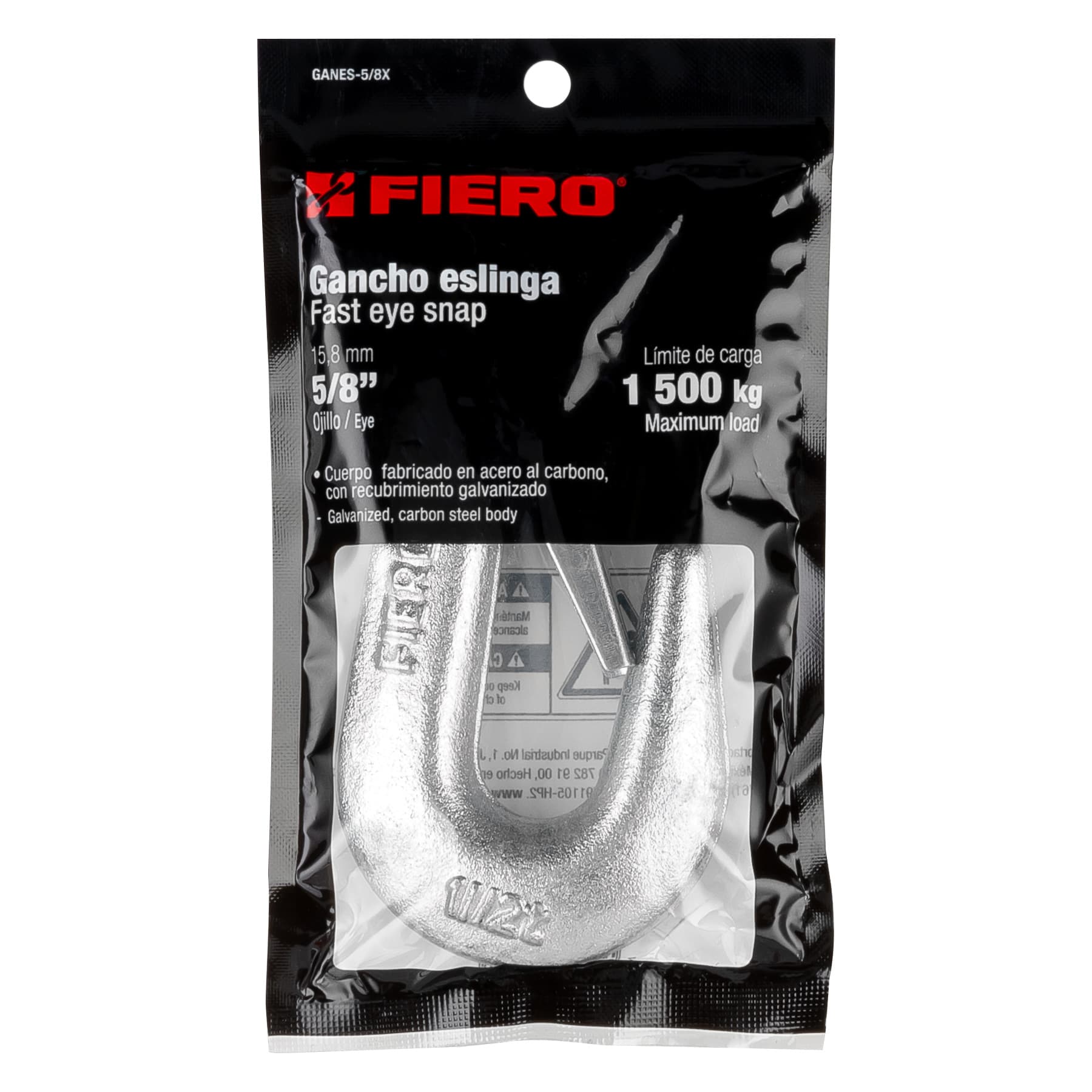 Fiero GANES-5/8X Gancho eslinga de acero forjado 5/8', carga 1500 kg