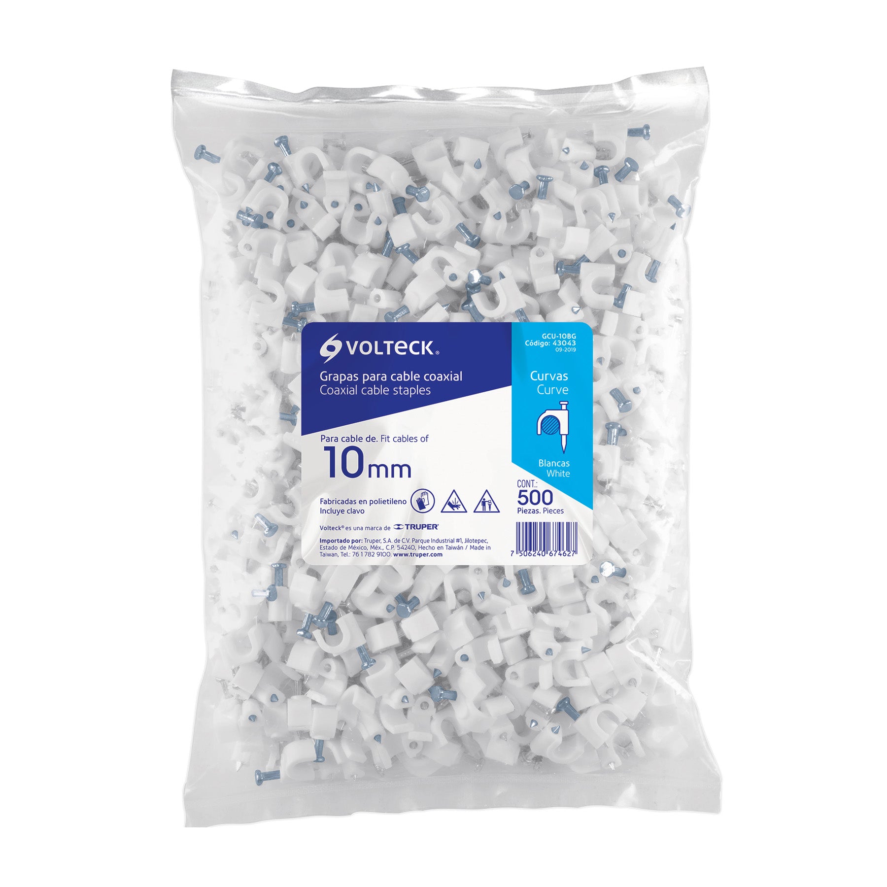 Volteck GCU-10BG Bolsa con 500 grapas blancas de 10 mm para cable redondo