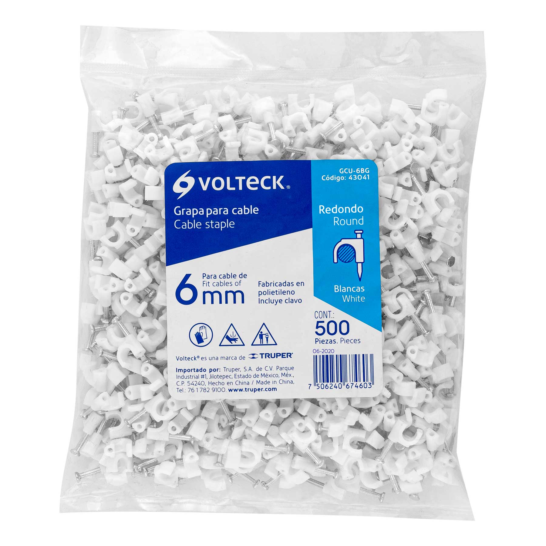 Volteck GCU-6BG Grapa para cable redondo, 6 mm, blanca, bolsa 500 piezas