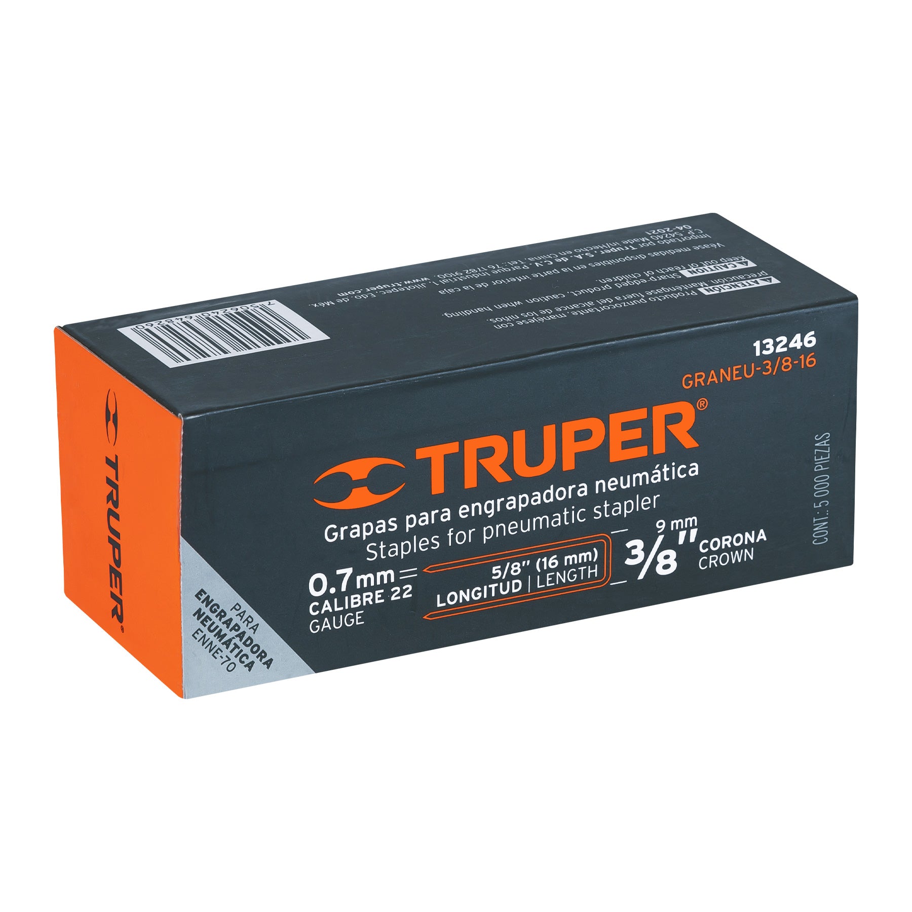Truper GRANEU-3/8-16 Caja con 5000 grapas corona 3/8' calibre 22, 16mm p/ENNE-70