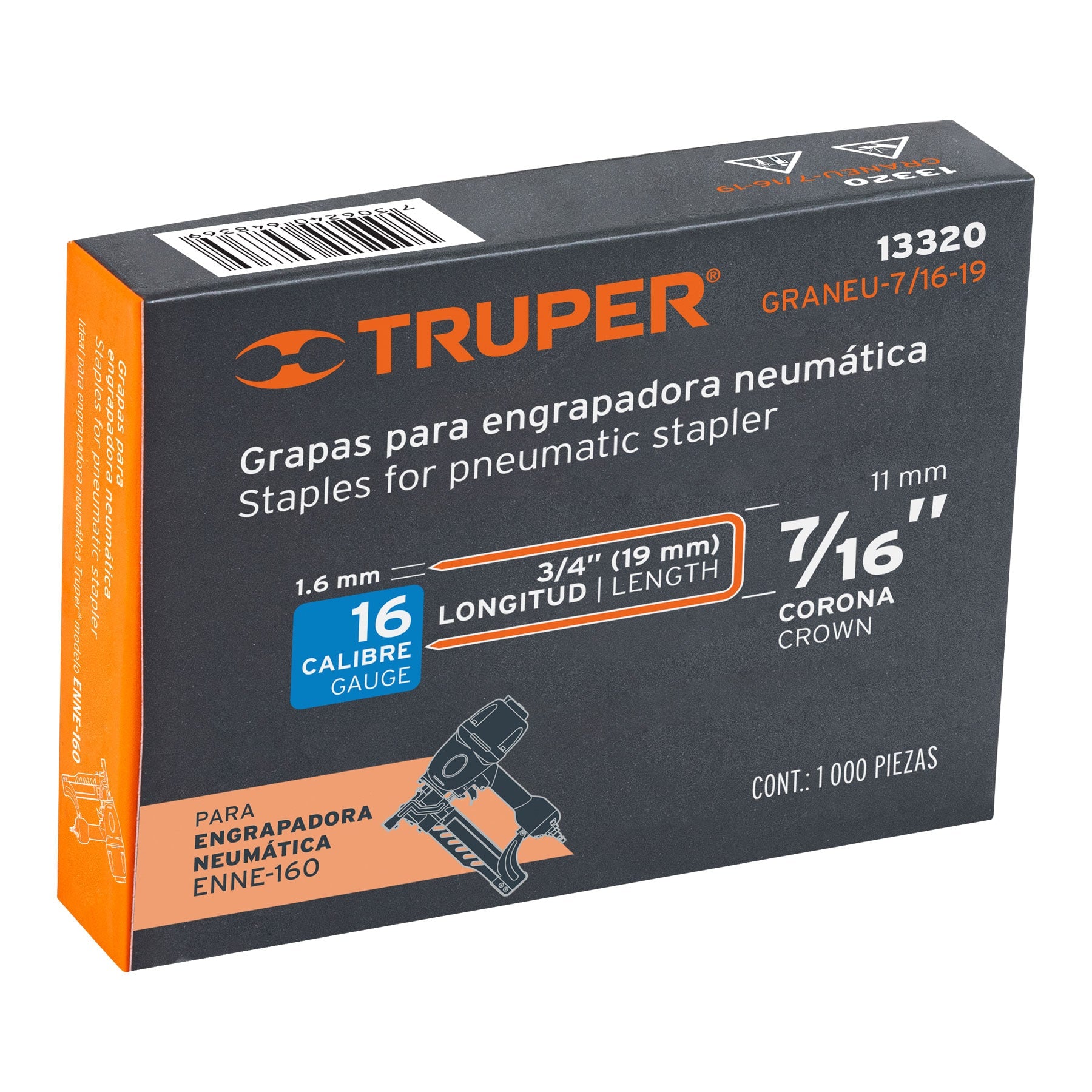 Truper GRANEU-7/16-19 Grapas para engrapadora neumática ENNE-160, 19mm, 1,000pzas