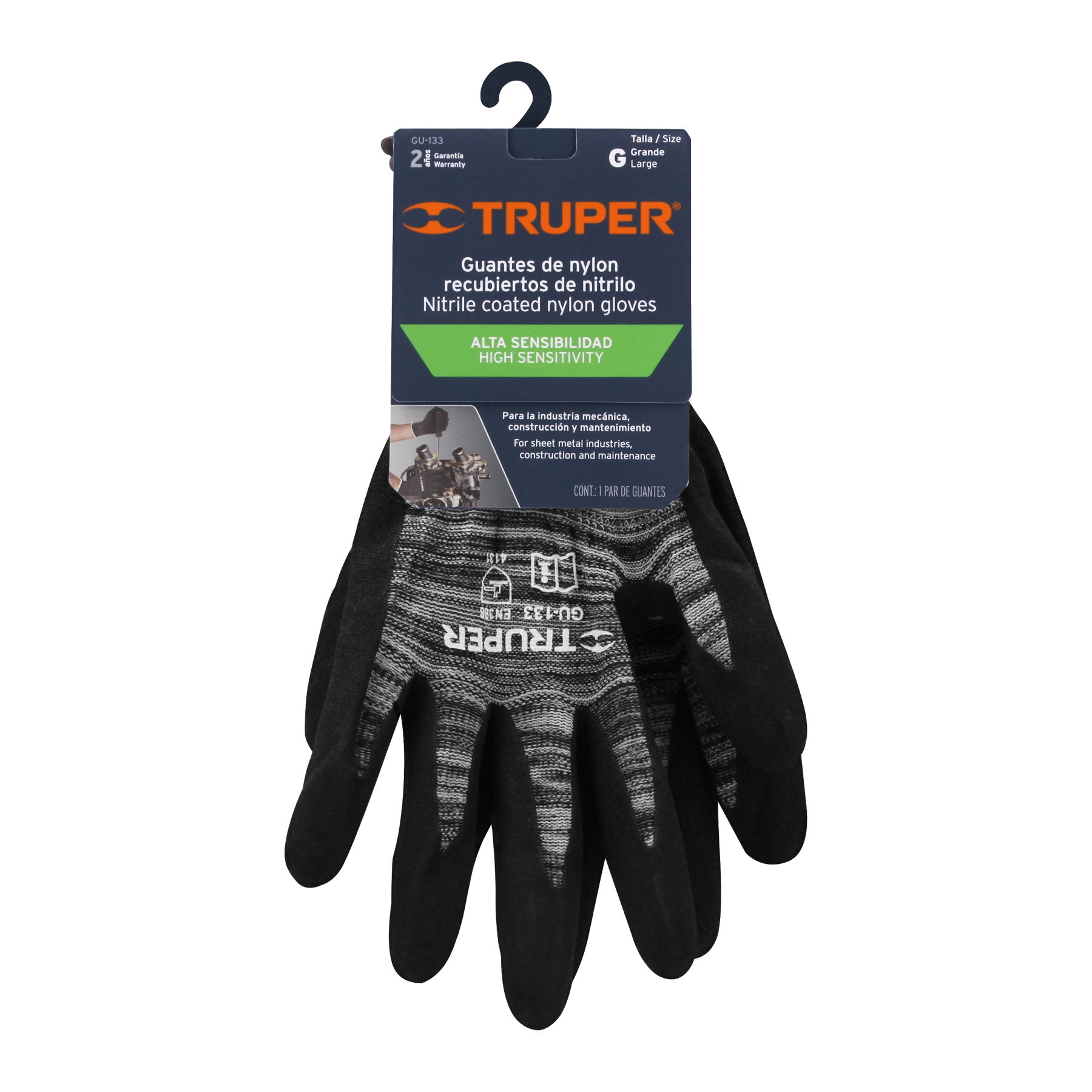 Truper GU-133 Guantes de nylon recubiertos de nitrilo arenoso, G