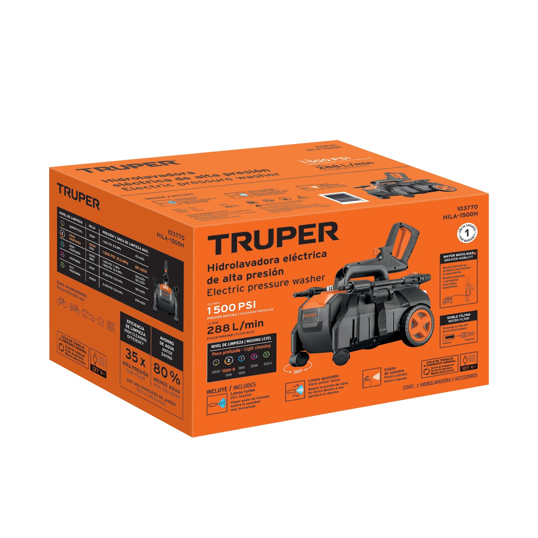 Hidrolavadora Eléctrica Horizontal 1500 PSI - Truper HILA-1500H